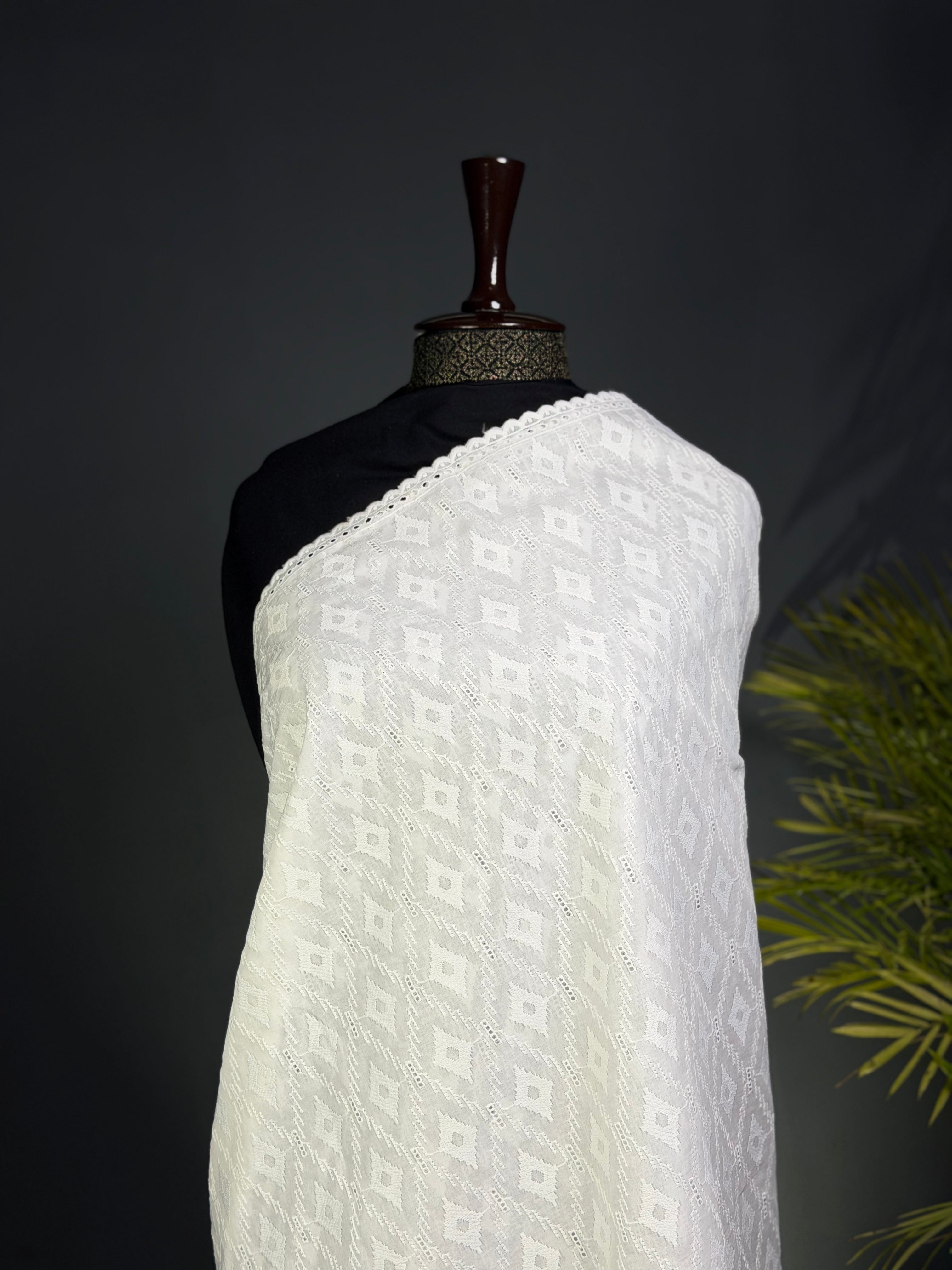 Pristine White Chikankari & Lace Detailed Shawl