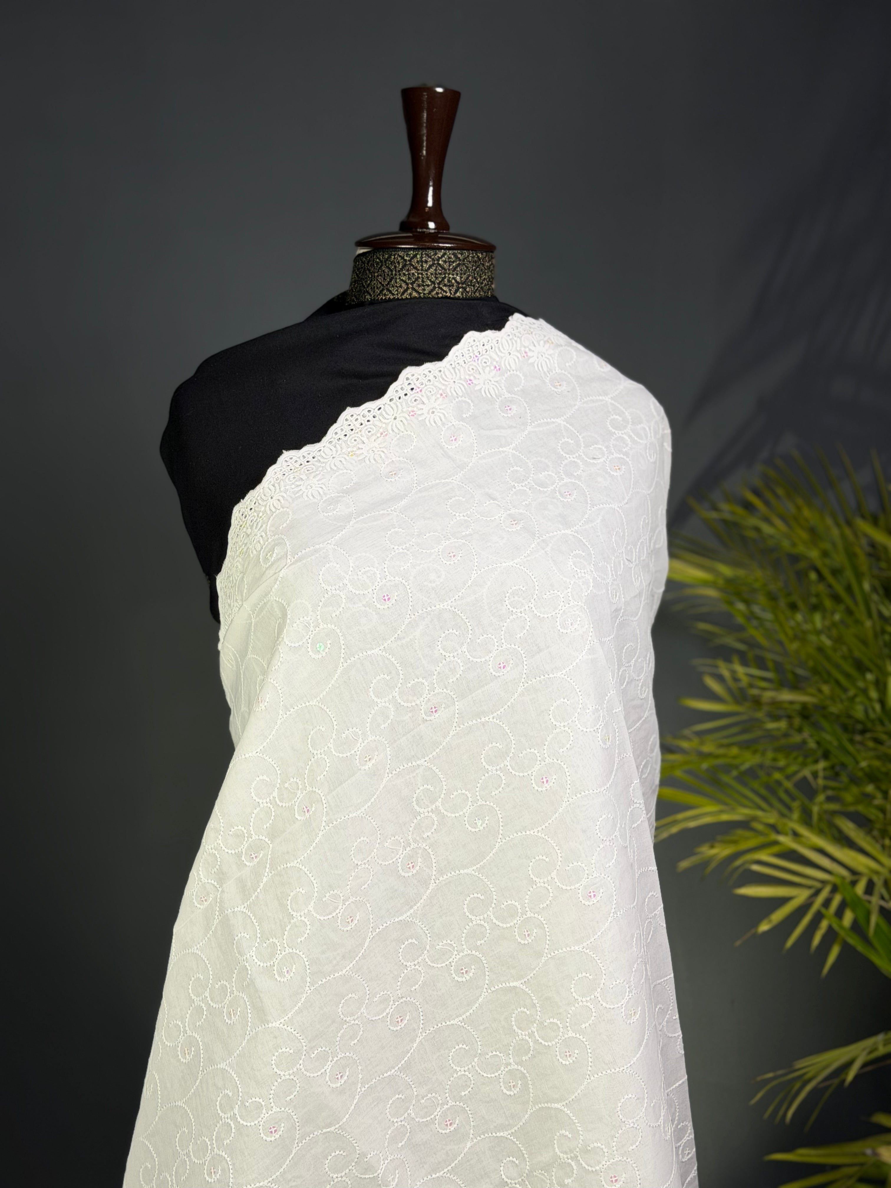 Pure White Shimmering Chikan Kari Shawl