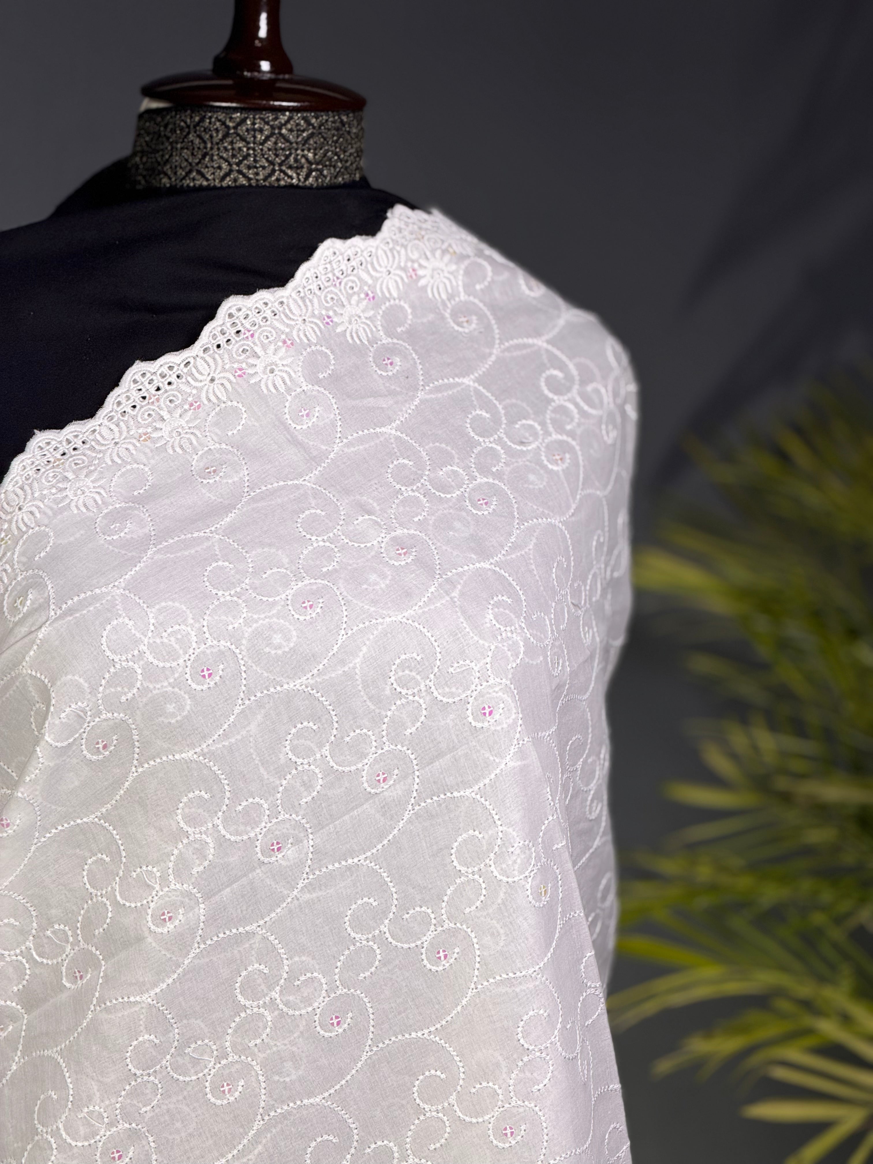 Pure White Shimmering Chikan Kari Shawl
