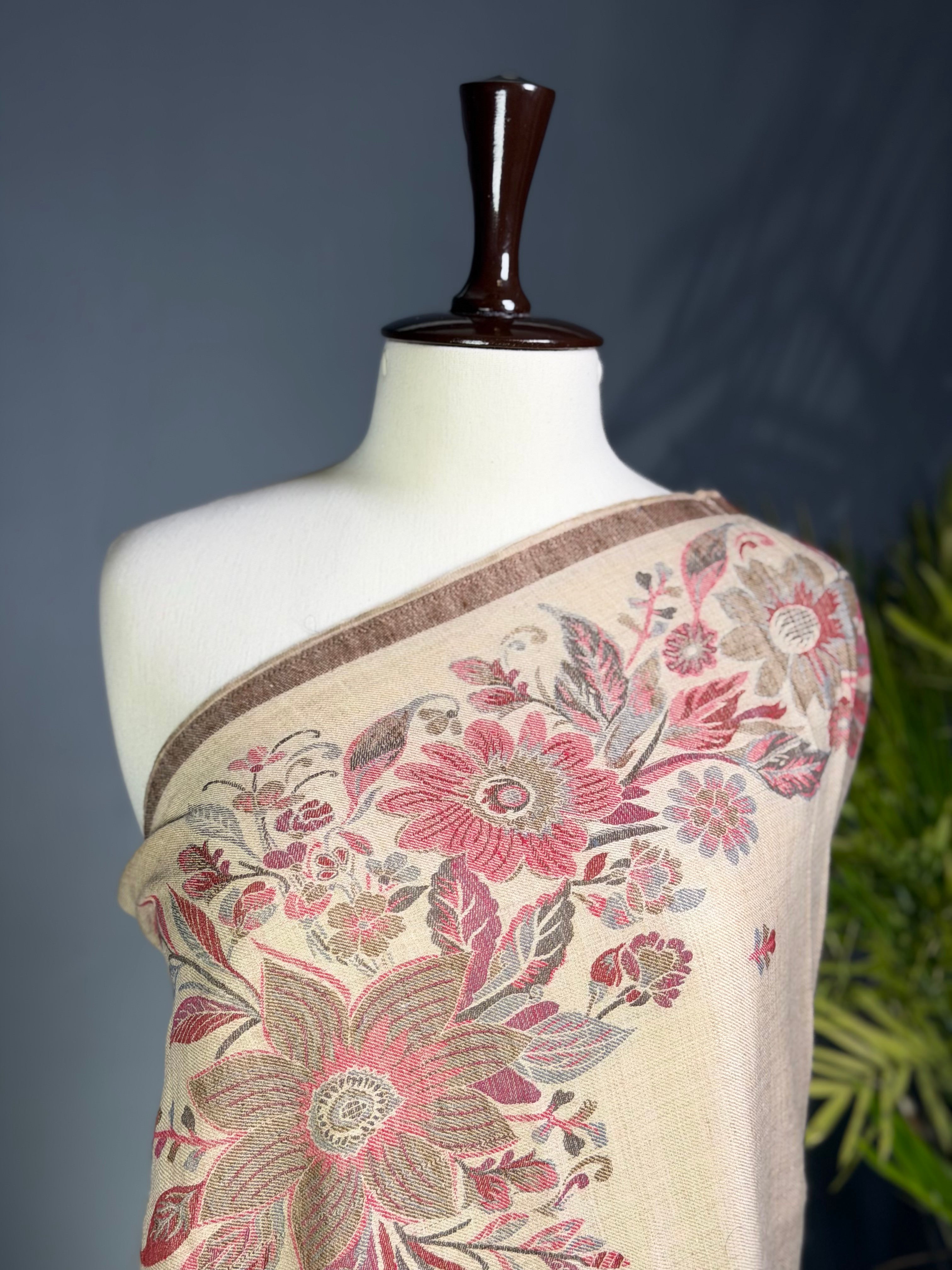 Antique Ivory Floral  jacquard weaving Wool Shawl