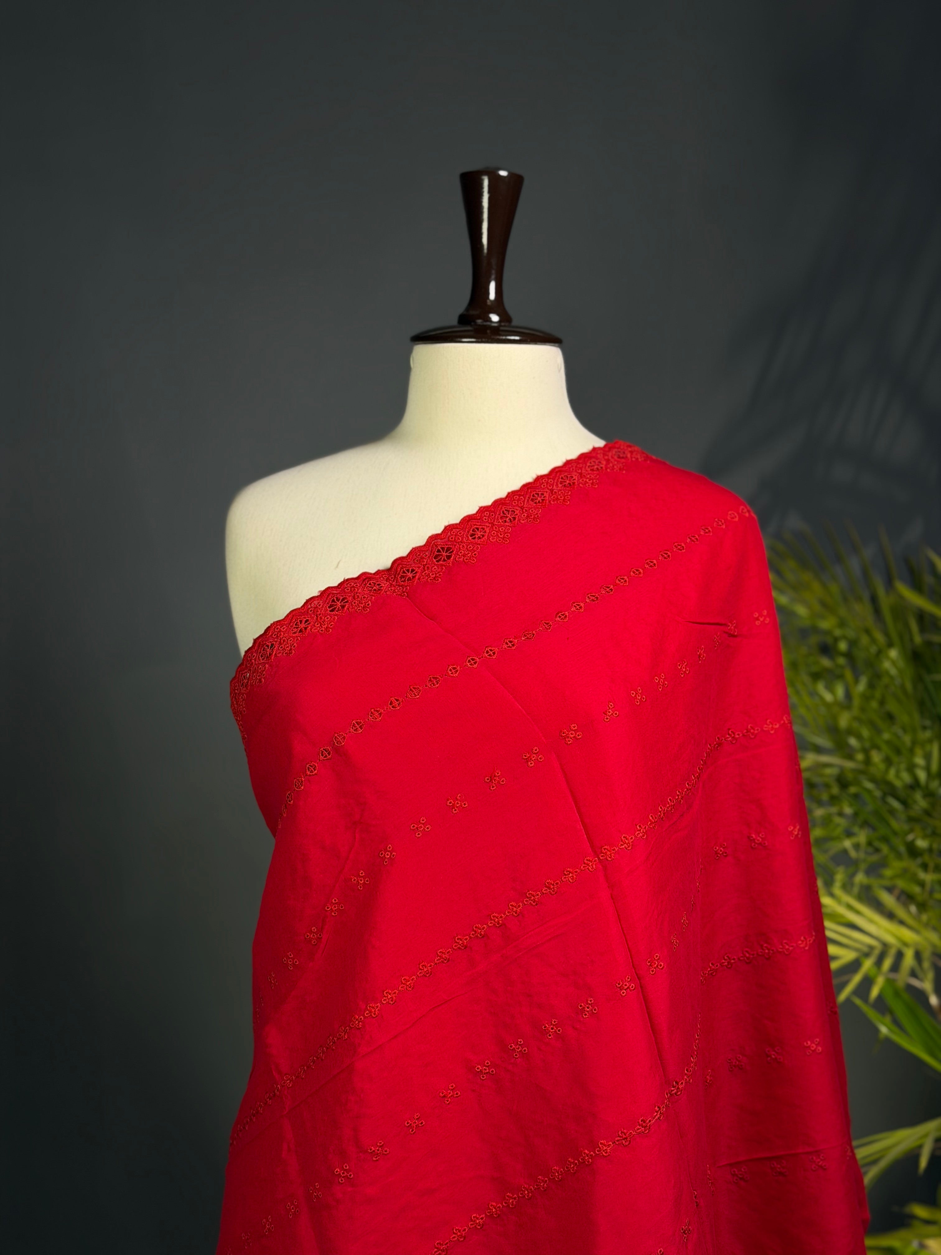 Red Chikan Kari Summer Shawl