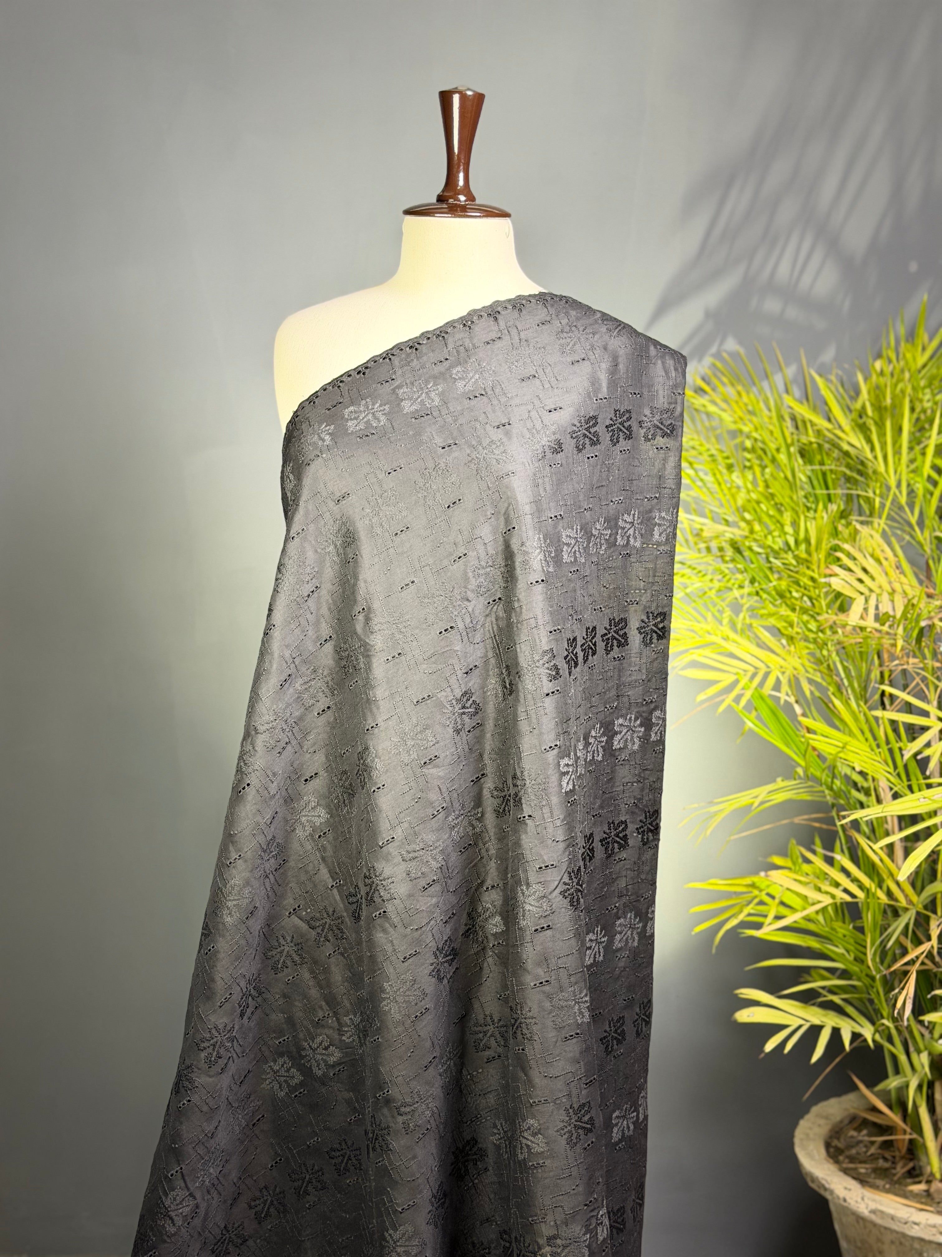 Midnight Charcoal Chikan Kari Summer Shawl