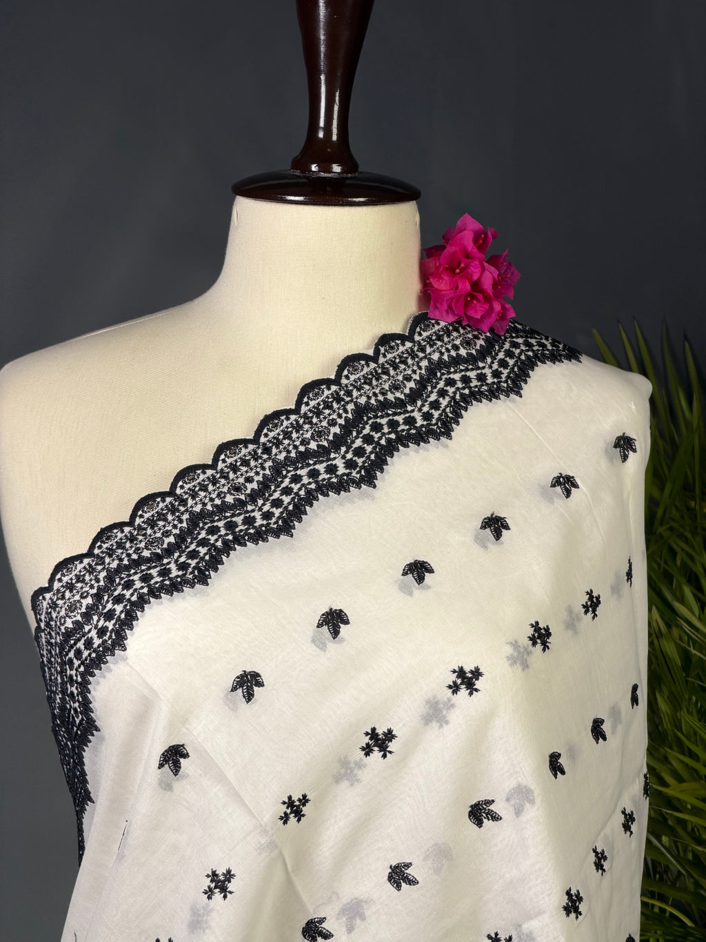 Classic Ivory Lawn Dupatta with Black Embroidered Schiffli Border