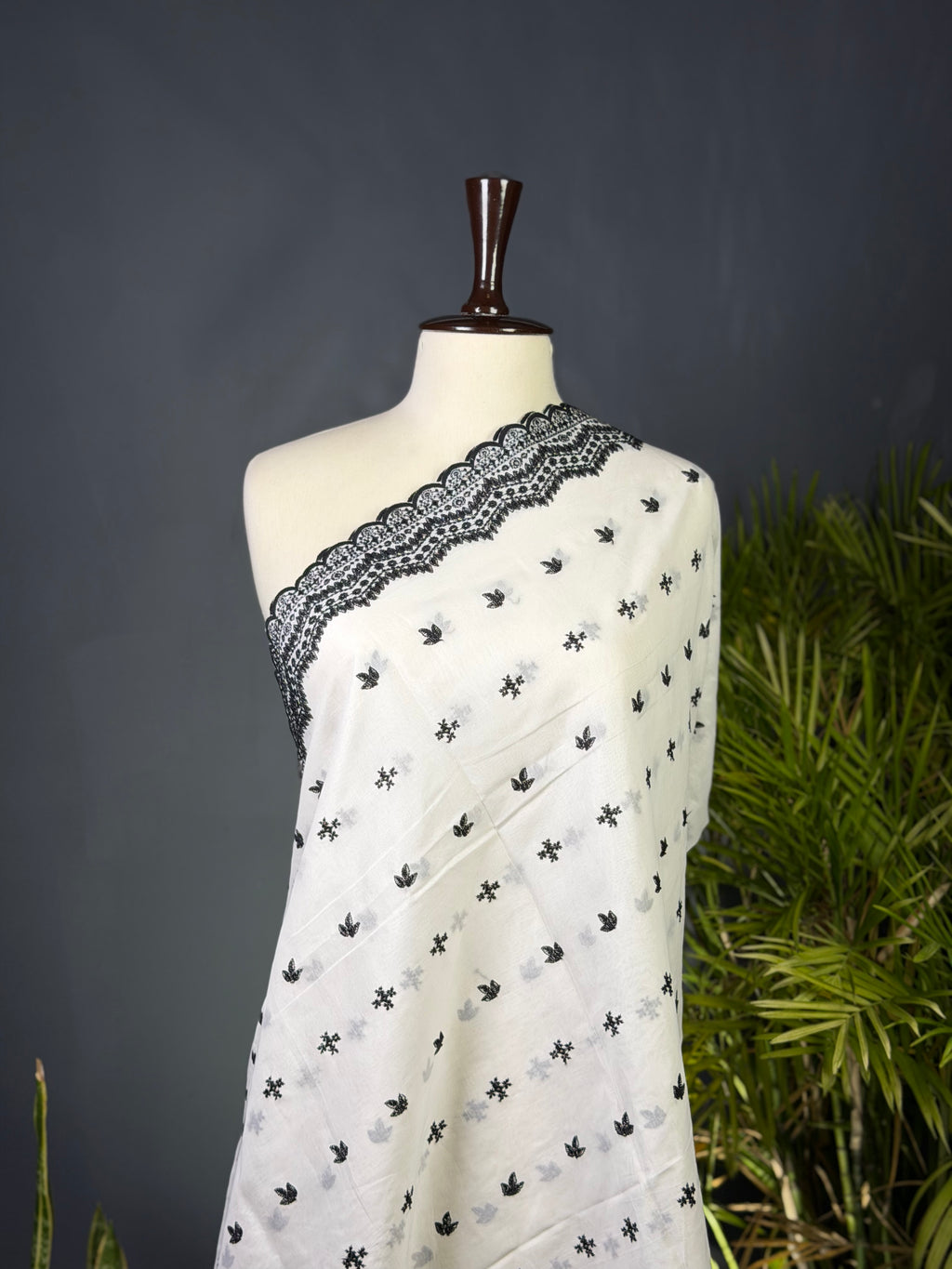Classic Ivory Lawn Dupatta with Black Embroidered Schiffli Border
