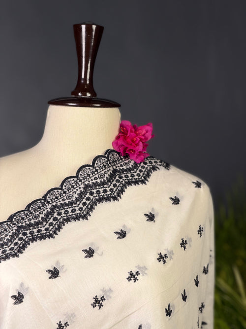 Classic Ivory Lawn Dupatta with Black Embroidered Schiffli Border