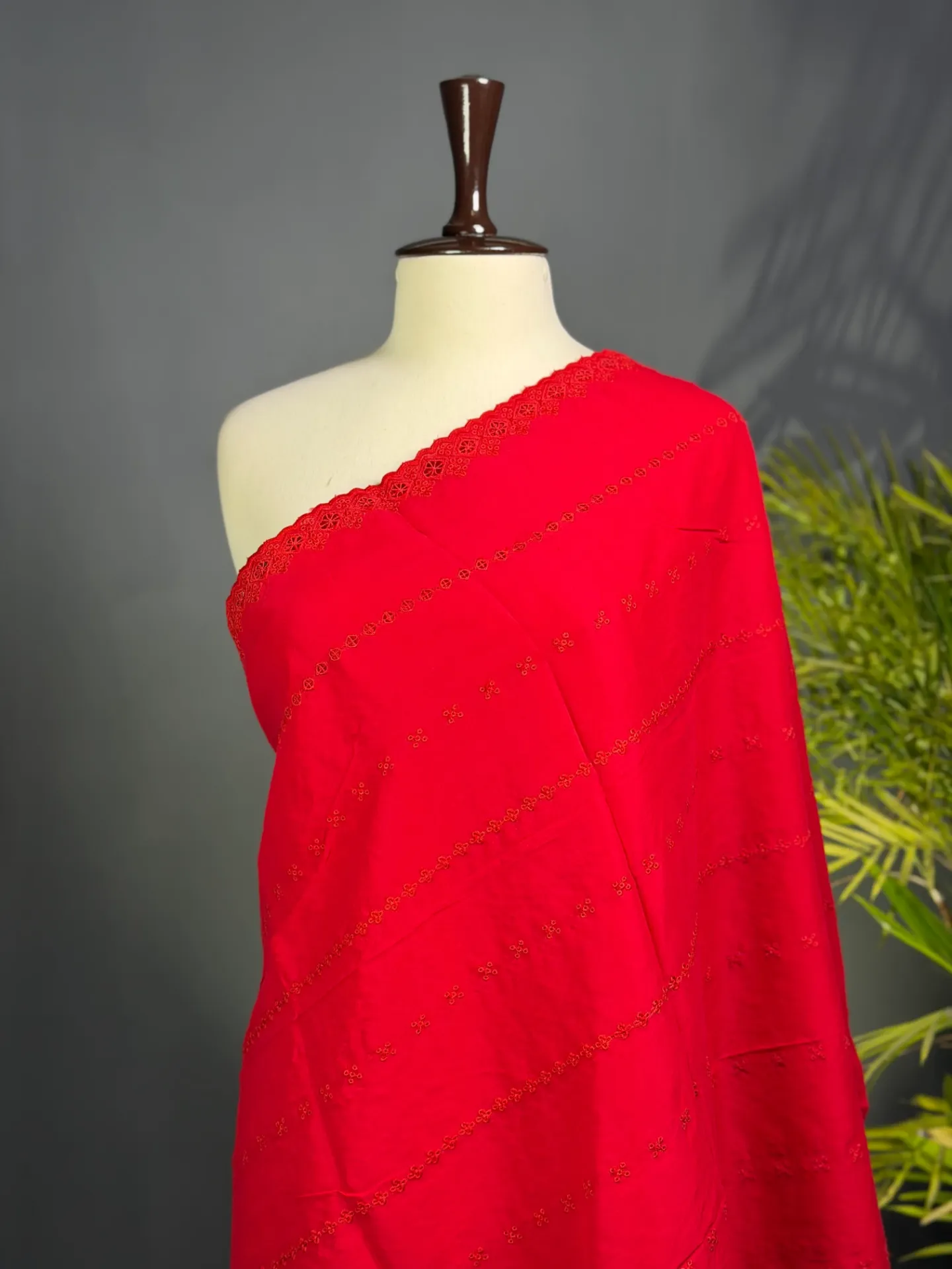 Red Chikan Kari Embroidered Lawn Shawl