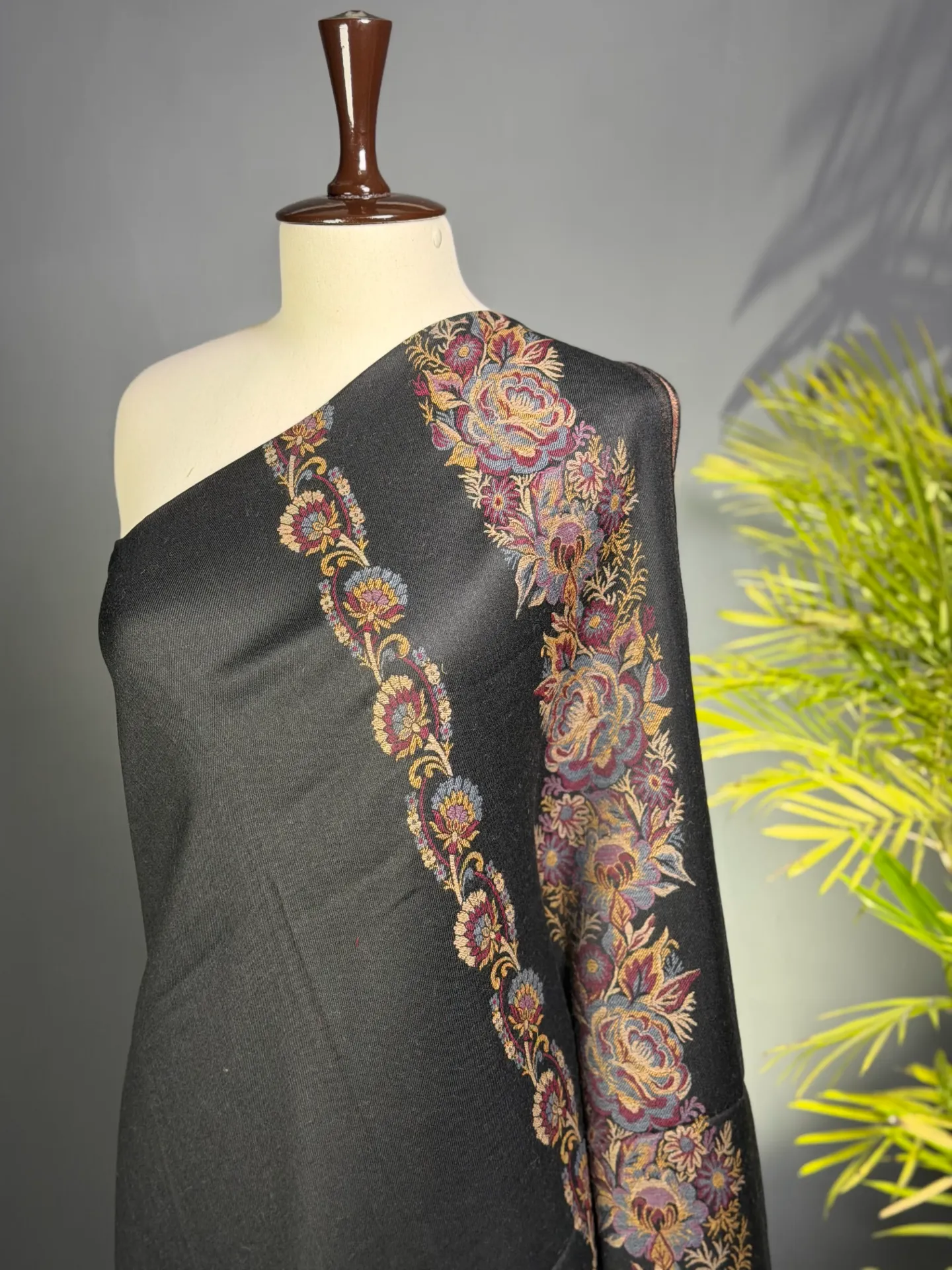 Midnight Embroidered Wool Shawl