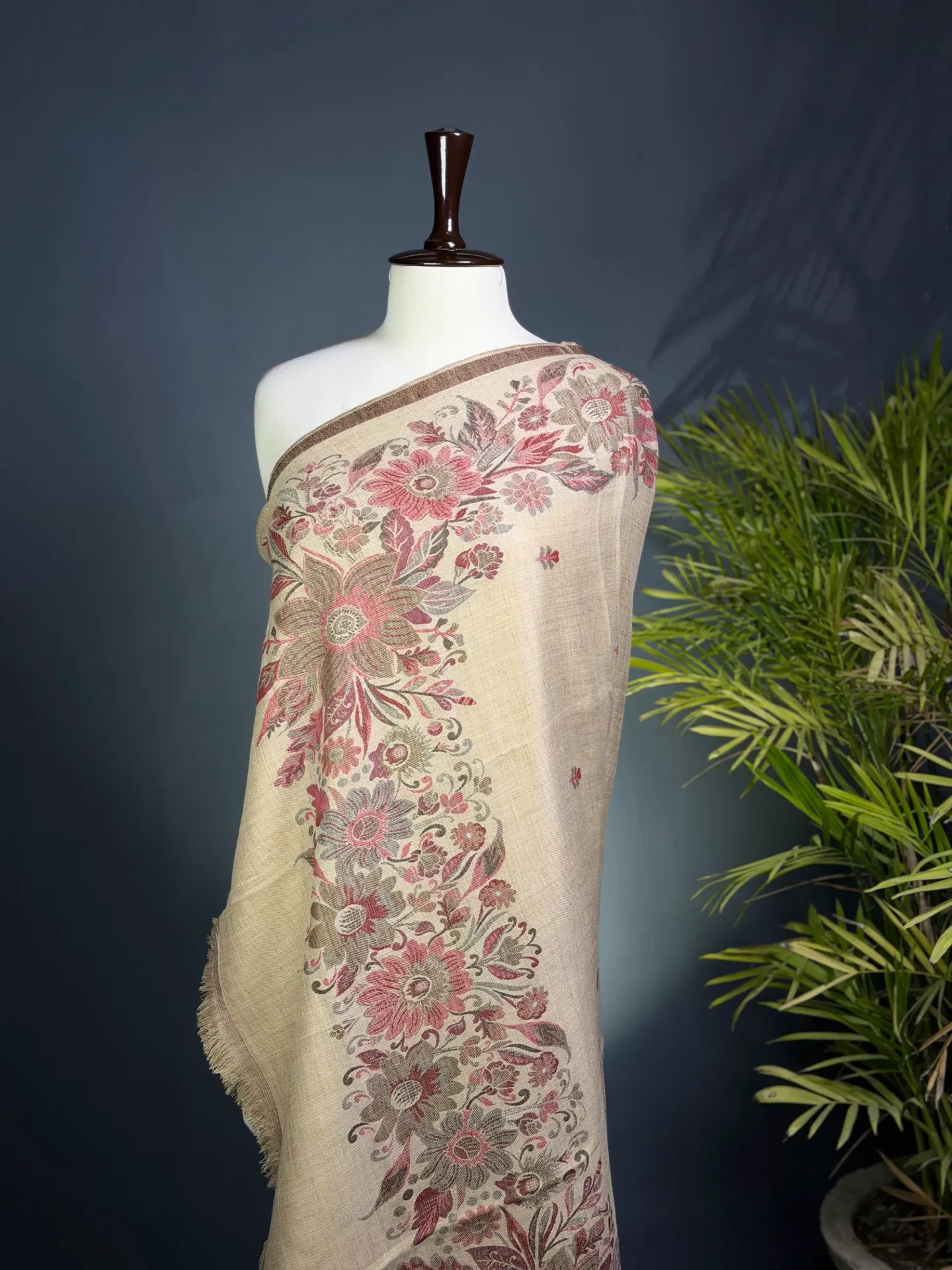 Antique Ivory Floral Embroidered Wool Shawl