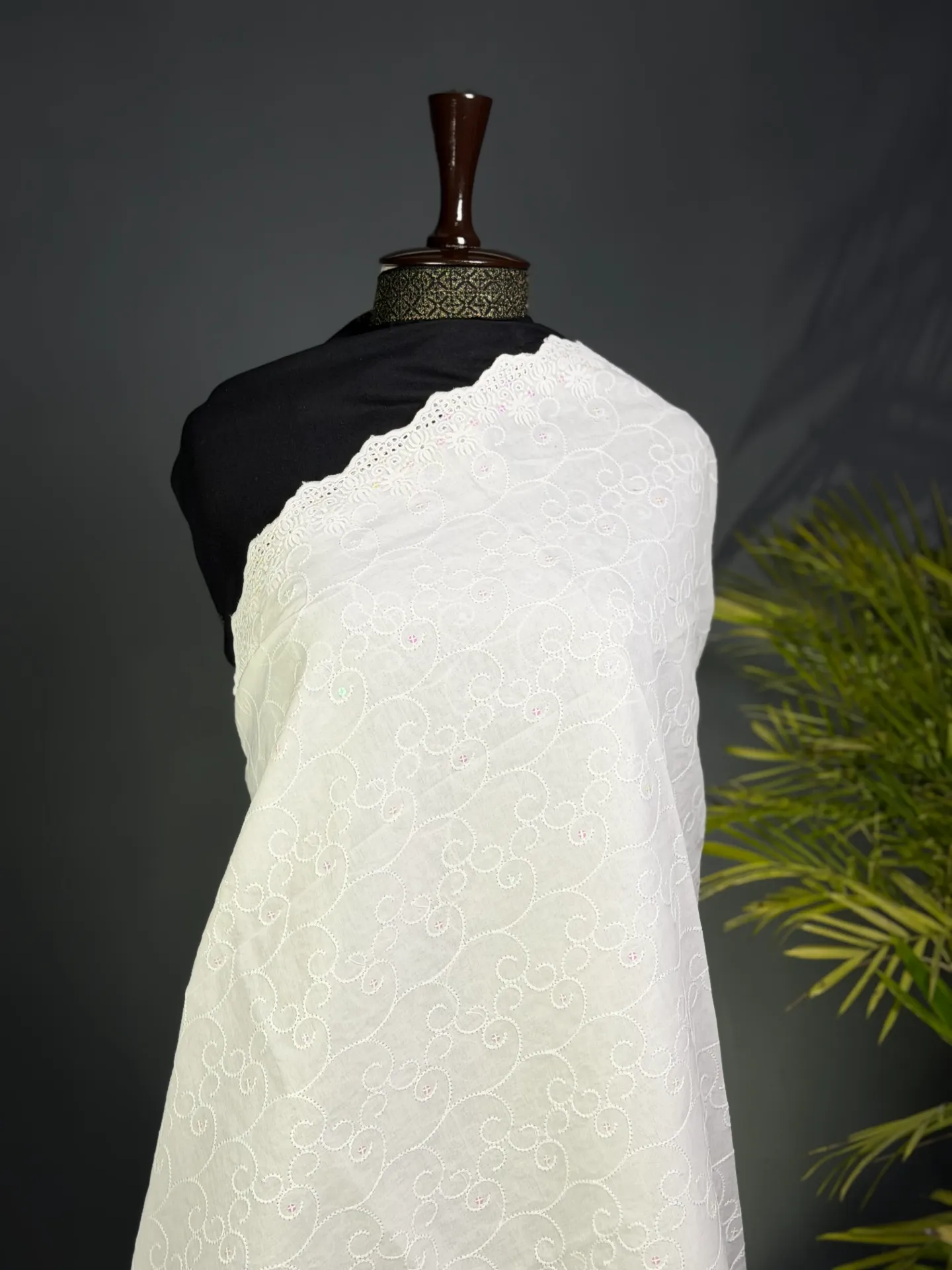 Pure White Shimmering Chikan Kari Shawl